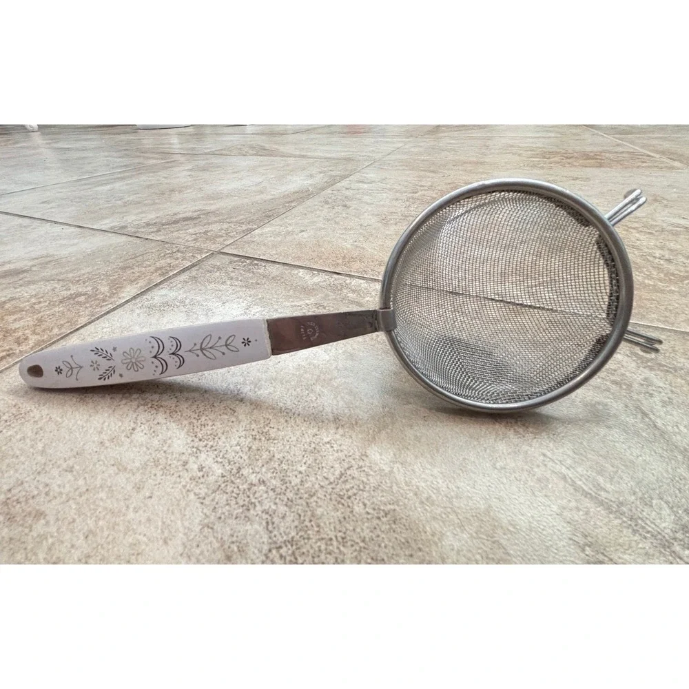 Vintage Flint Ekco Stainless Steel Mesh Strainer White Floral Handle USA Made